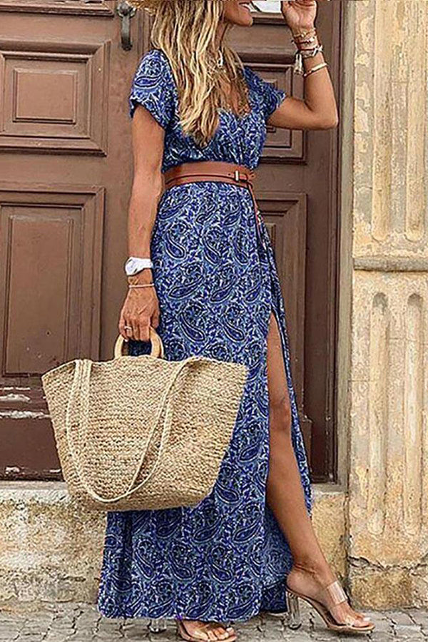Felicity | Dames Maxi Jurk - Polyester, Paisleyprint, V-hals Blauw
