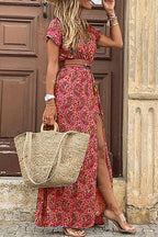 Felicity | Dames Maxi Jurk - Polyester, Paisleyprint, V-hals Rood