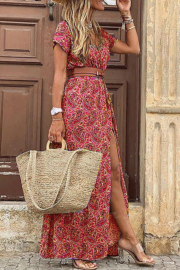Felicity | Dames Maxi Jurk - Polyester, Paisleyprint, V-hals Rood