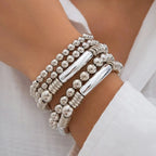 Flōre | 5-Delige Kralenarmbandenset voor Dames - Luxe Minimalistische Kralen Armbanden Set & Verstelbare Dunne Polsband Sieraden Zilver