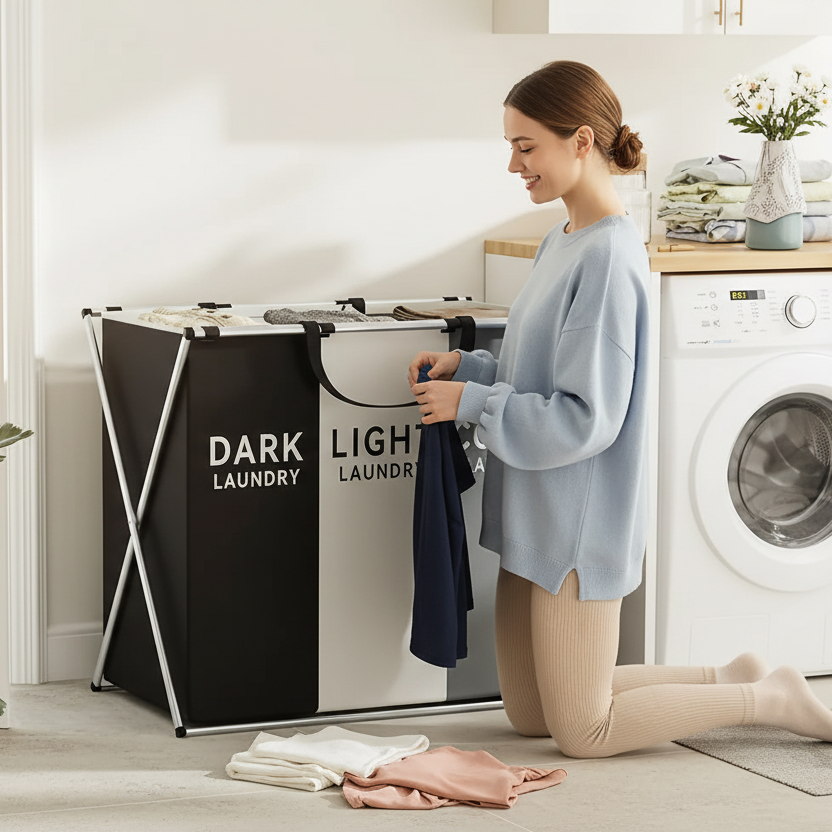 Wasmand Huishoudens 3 Vakken – Opvouwbaar en Ruimtebesparend Design
