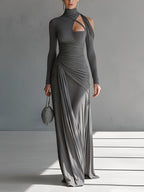 Gina | Dames Maxi Jurk - Zijdeachtige Stretch, Lange Mouwen en Ruches Grijs