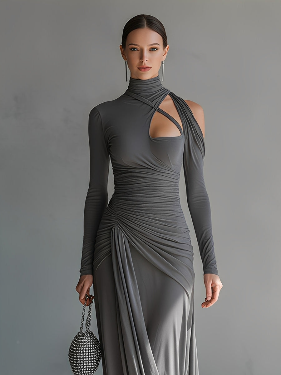 Gina | Dames Maxi Jurk - Zijdeachtige Stretch, Lange Mouwen en Ruches
