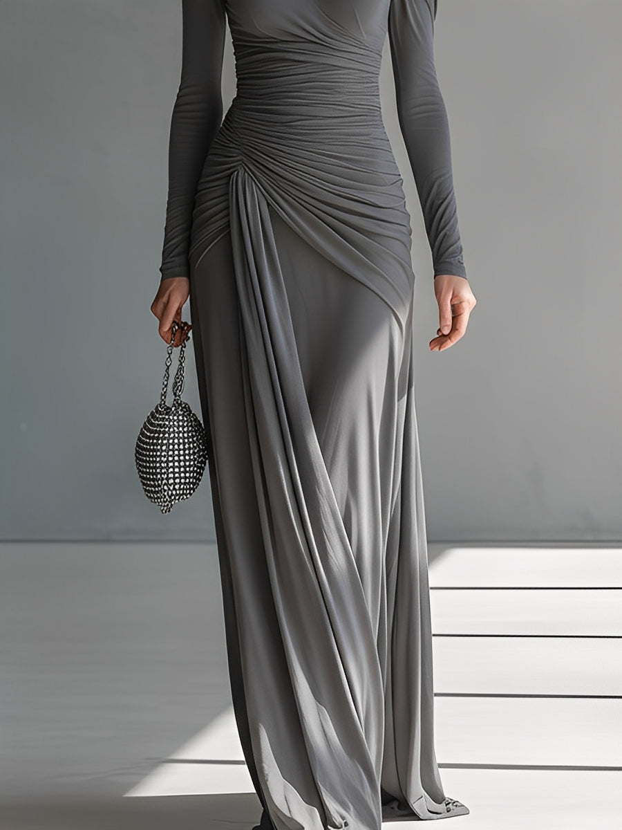Gina | Dames Maxi Jurk - Zijdeachtige Stretch, Lange Mouwen en Ruches