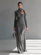 Gina | Dames Maxi Jurk - Zijdeachtige Stretch, Lange Mouwen en Ruches