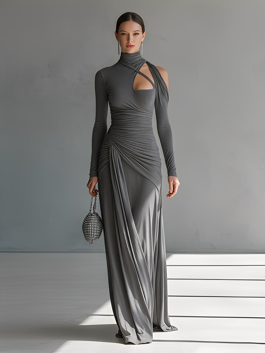 Gina | Dames Maxi Jurk - Zijdeachtige Stretch, Lange Mouwen en Ruches
