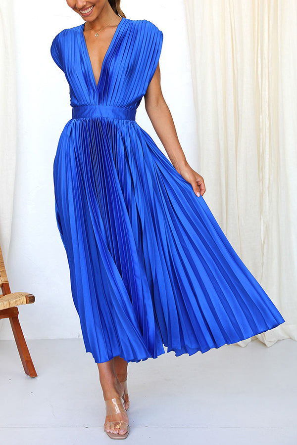 Hanna | Dames Midi Jurk - Luxe Satijn, V-hals Feestkleding Blauw