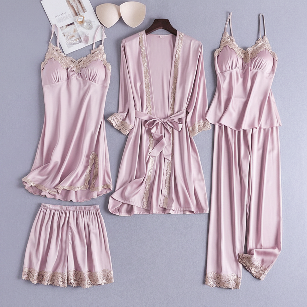 Mirabella | Loungewear Set Dames - Zijden Satijn - 4-Delig Roze