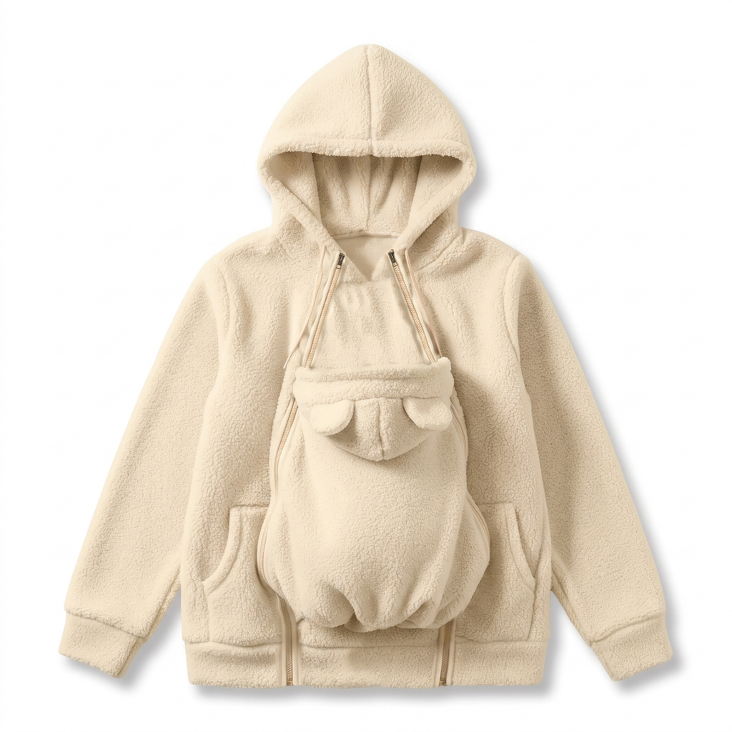 Zachte Fleece Draaghoodie met Voorzak voor Babydragen – Babydraag Hoodie voor Mama & Papa, 5 Kleuren, S–XXL Beige