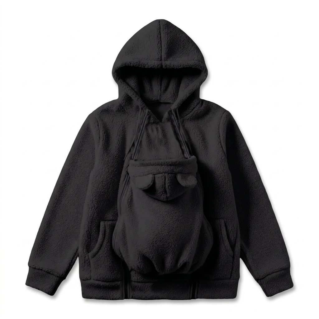 Zachte Fleece Draaghoodie met Voorzak voor Babydragen – Babydraag Hoodie voor Mama & Papa, 5 Kleuren, S–XXL Zwart