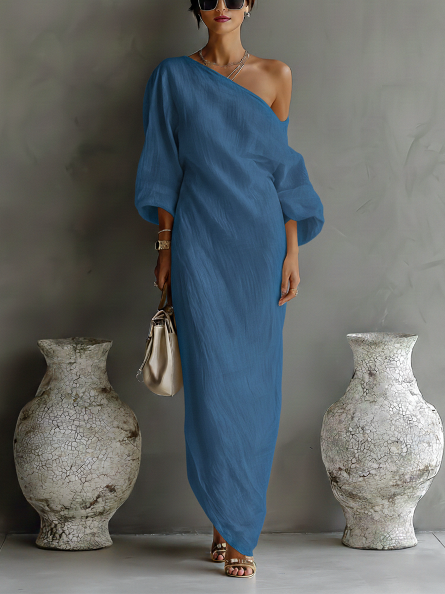 Ivona | Damesjurk Zomer - Katoen-Linnenmix, Elegant Met Eén Schouder Blauw
