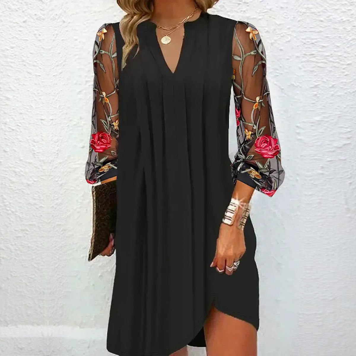 Kira | Dames Mini Jurk - Elegante V-hals, Transparante Mouwen 2XL