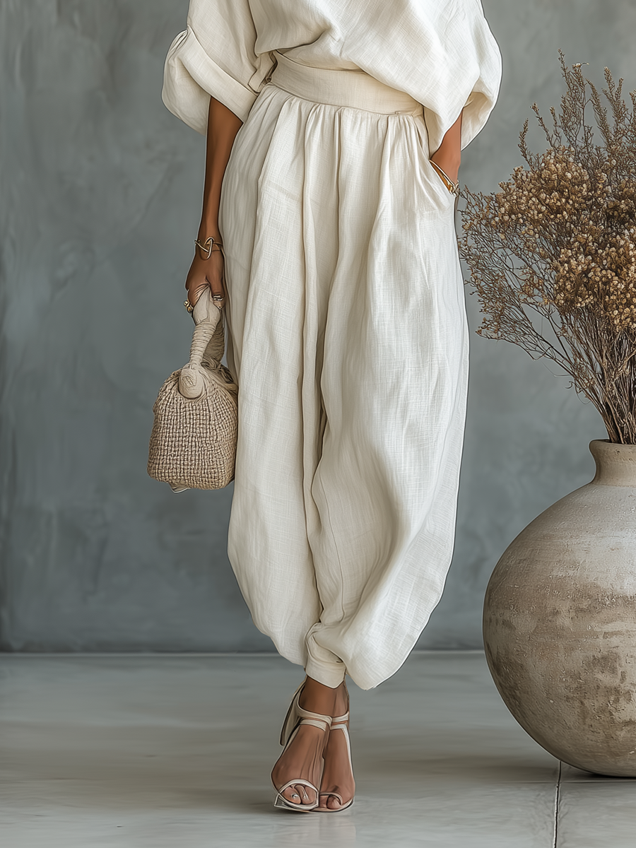 Lina | Dames Set - Gebroken Wit Linnen Off-Shoulder Casual Outfit