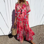 Livia | Dames Maxi Jurk - Bloemenprint, Lichtgewicht en Ademend Rode Bloemen