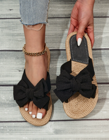 Luna | Dames Sandalen - Touwzool met Oversized Strikdetail Zwart