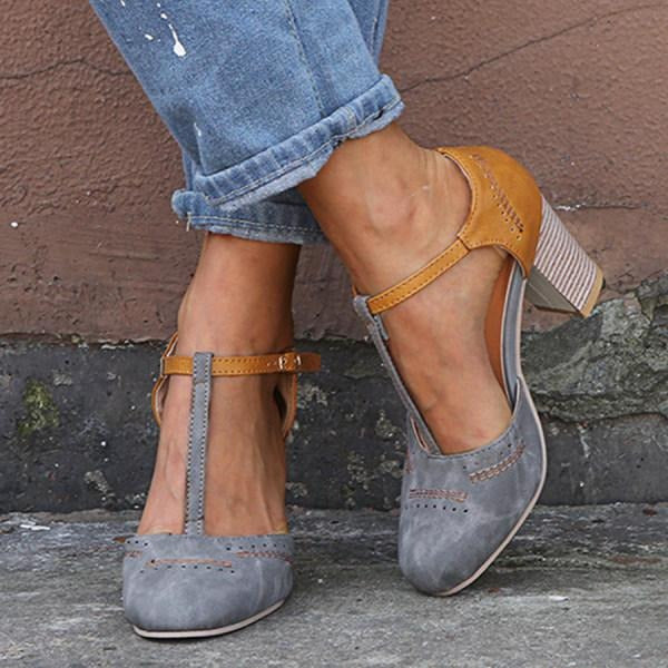 Luna | Dames Schoenen - T-Strap Blokhakken, Elegant en Comfortabel Grijs