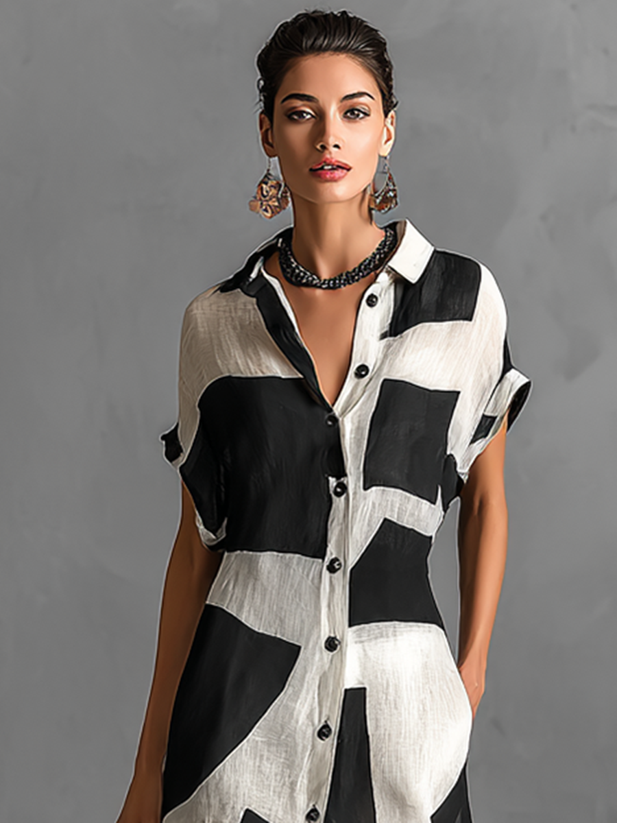 Mia | Dames Maxi Jurk - Katoen-Linnen Mix, Geometrische Print