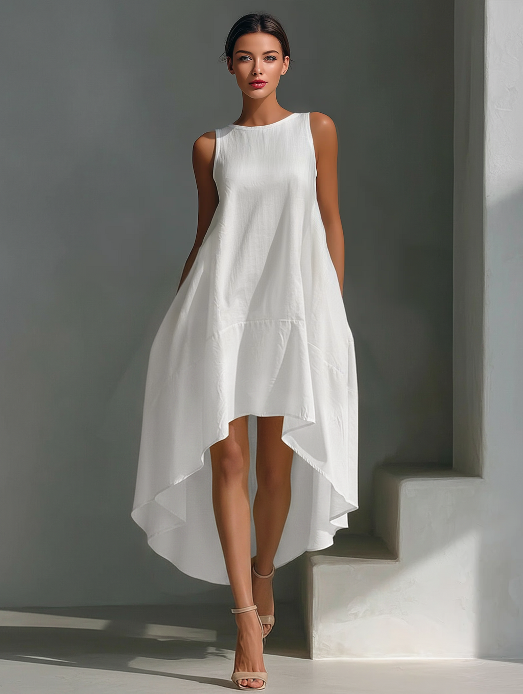 Mia | Dames Midi-Jurk - 100% Linnen, Mouwloos Asymmetrische Zoom Wit