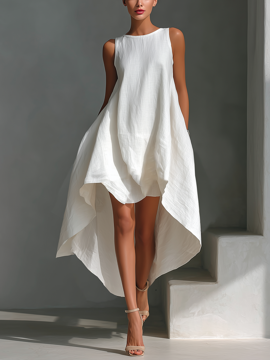 Mia | Dames Midi-Jurk - 100% Linnen, Mouwloos Asymmetrische Zoom
