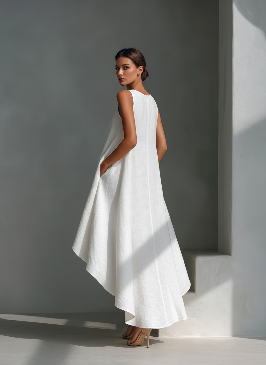 Mia | Dames Midi-Jurk - 100% Linnen, Mouwloos Asymmetrische Zoom