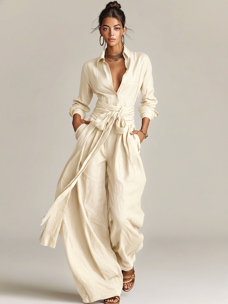 Mila | Dames Jumpsuit - Katoen-Linnen Mix, Elegante Stijl Beige