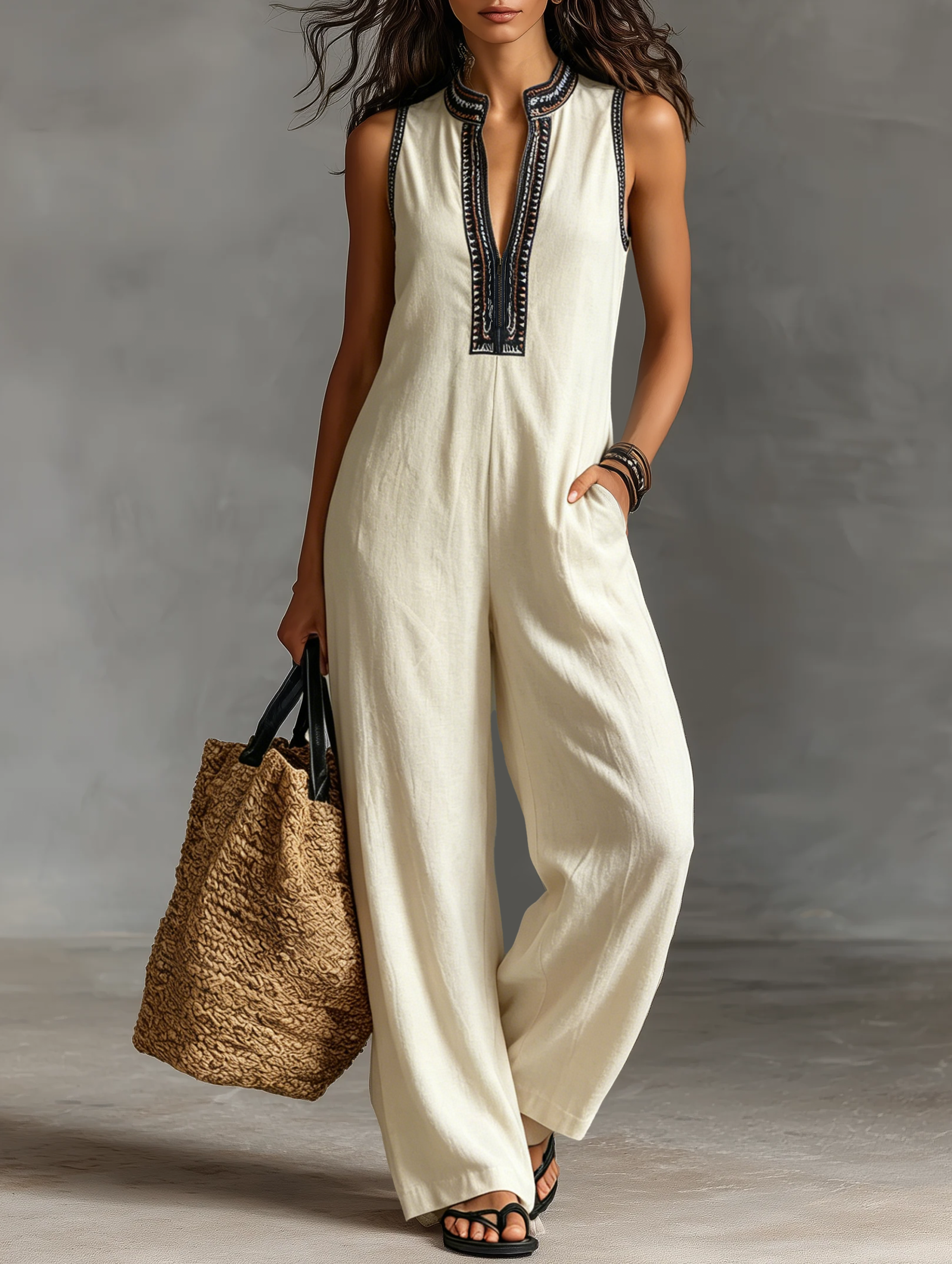 Mila | Dames Jumpsuit - Linnenmix, Minimalistisch en Mouwloos Beige