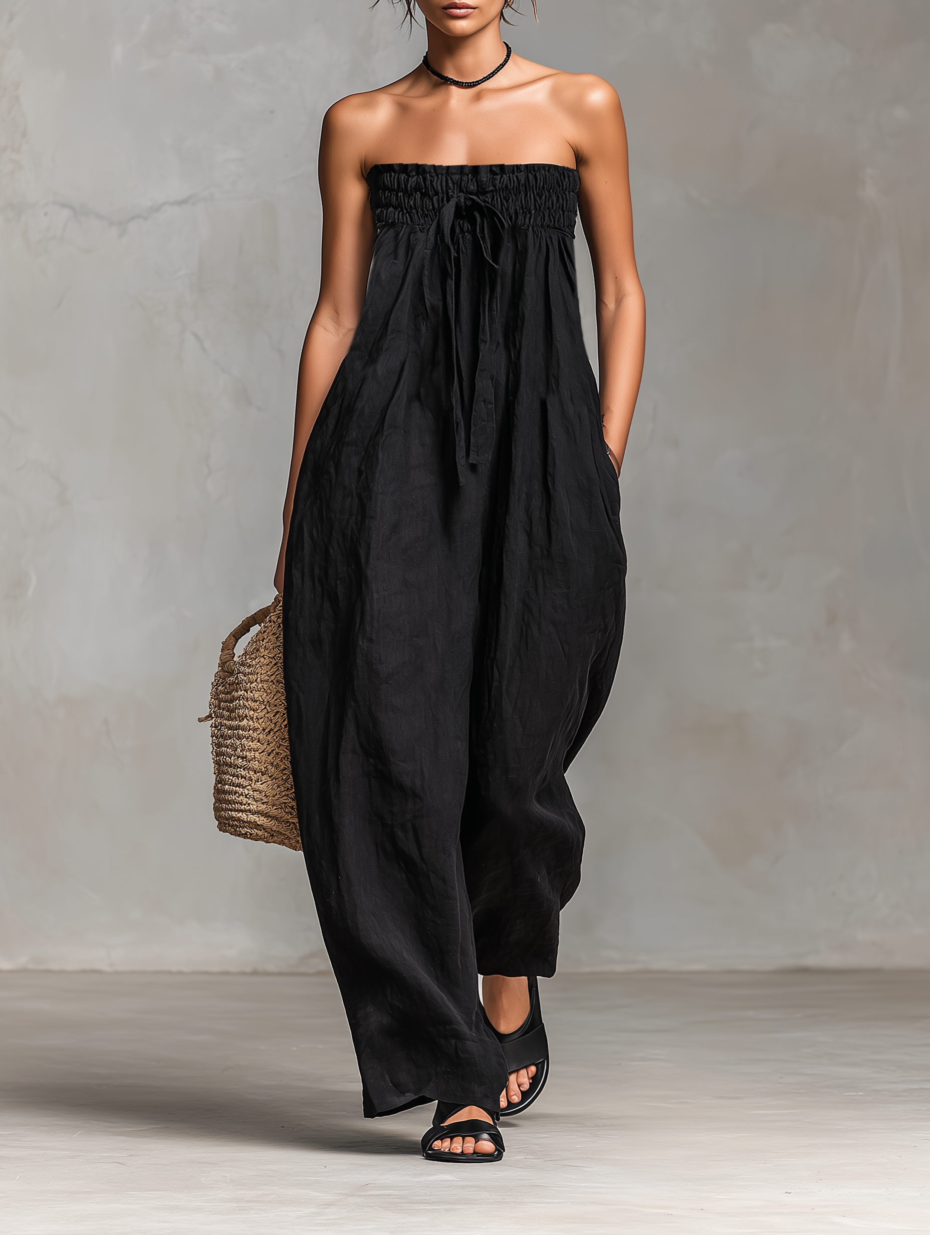 Mila | Dames Jumpsuit - Linnenmix, Strapless Design Zwart