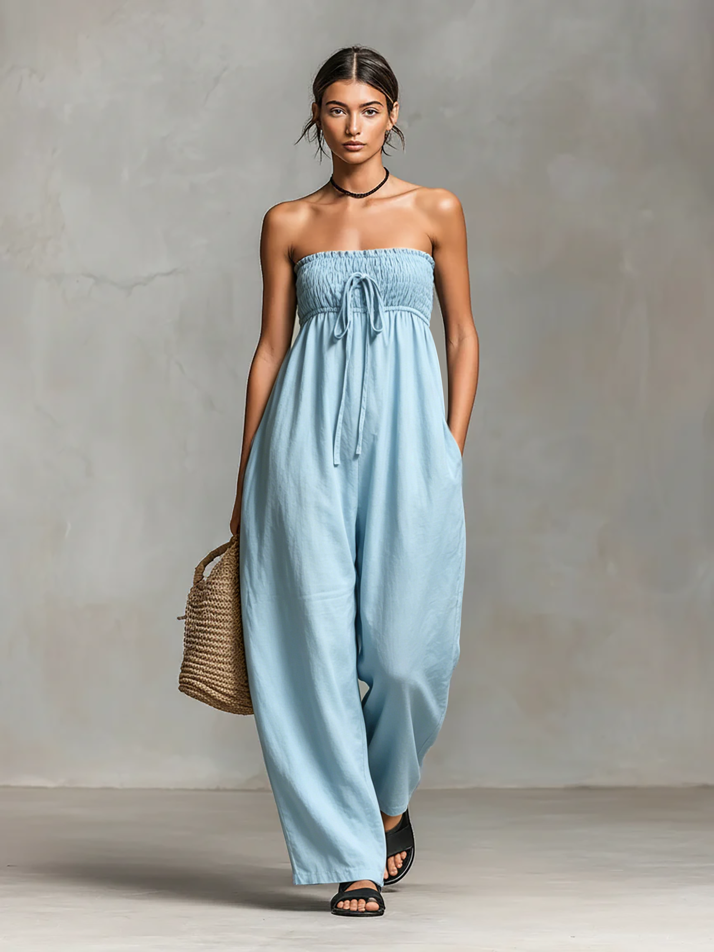 Mila | Dames Jumpsuit - Linnenmix, Strapless Design Lichtblauw