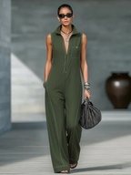 Mila | Dames Jumpsuit - Losse Pasvorm, Zwart met Witte Bies Legergroen