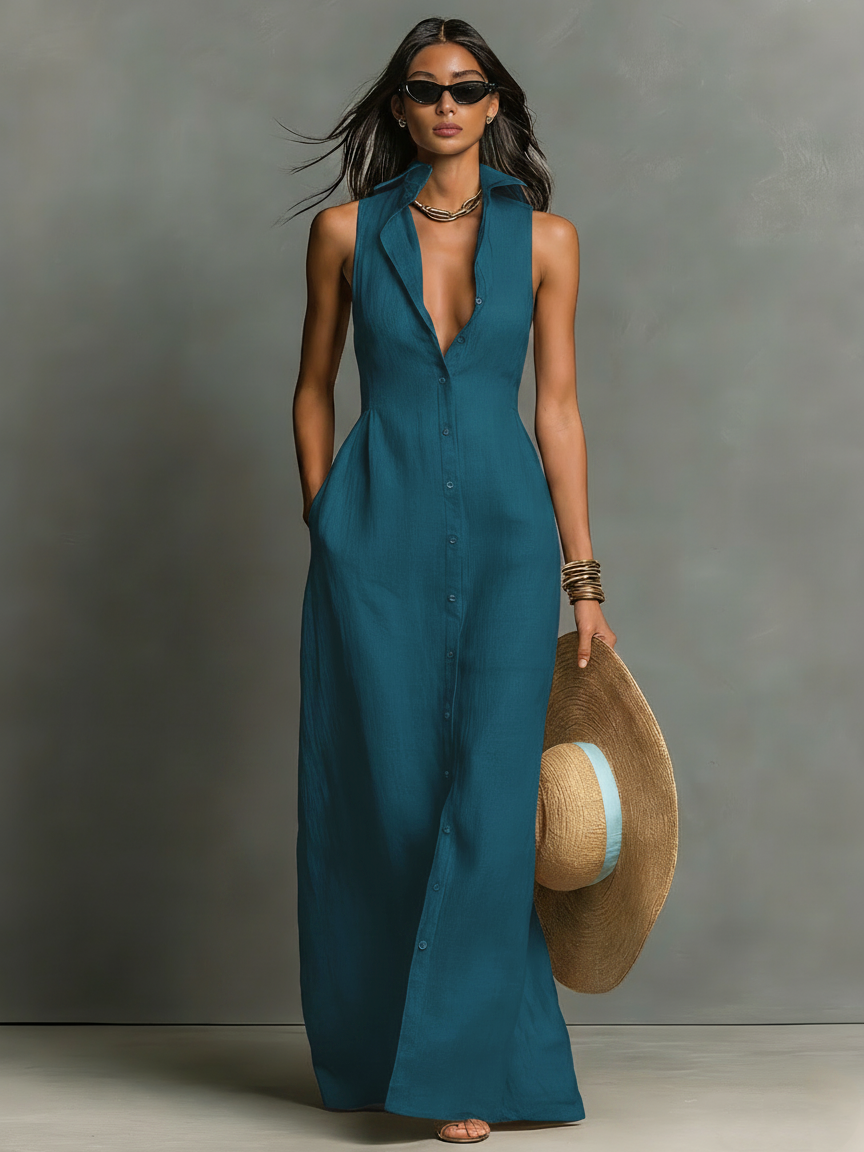Mila | Dames Lange Jurk - Linnenmix, Mouwloos Maxi Overhemdjurk Teal Blauw