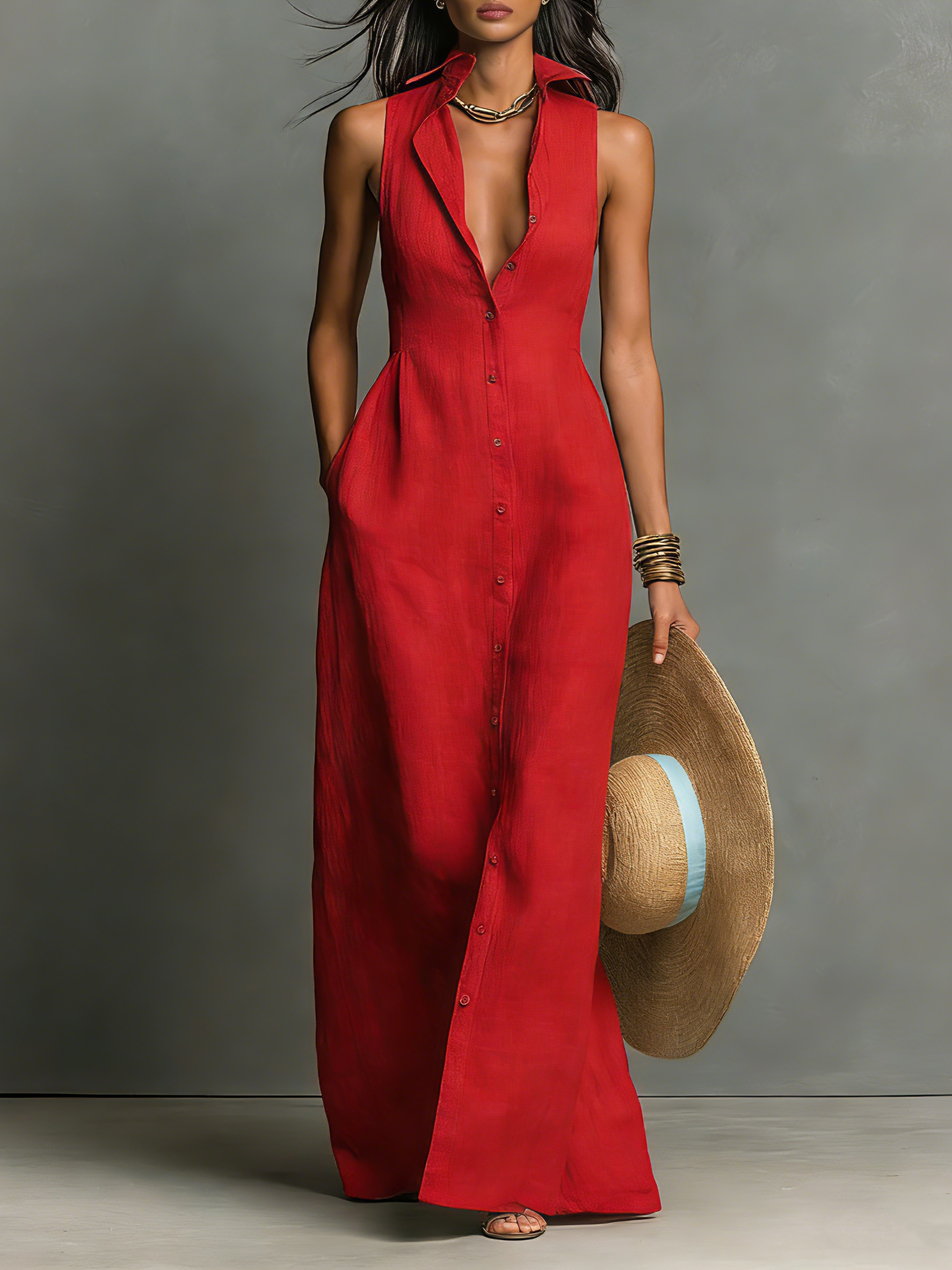 Mila | Dames Lange Zomerjurk - Ademend Linnenmix, Mouwloos Rood