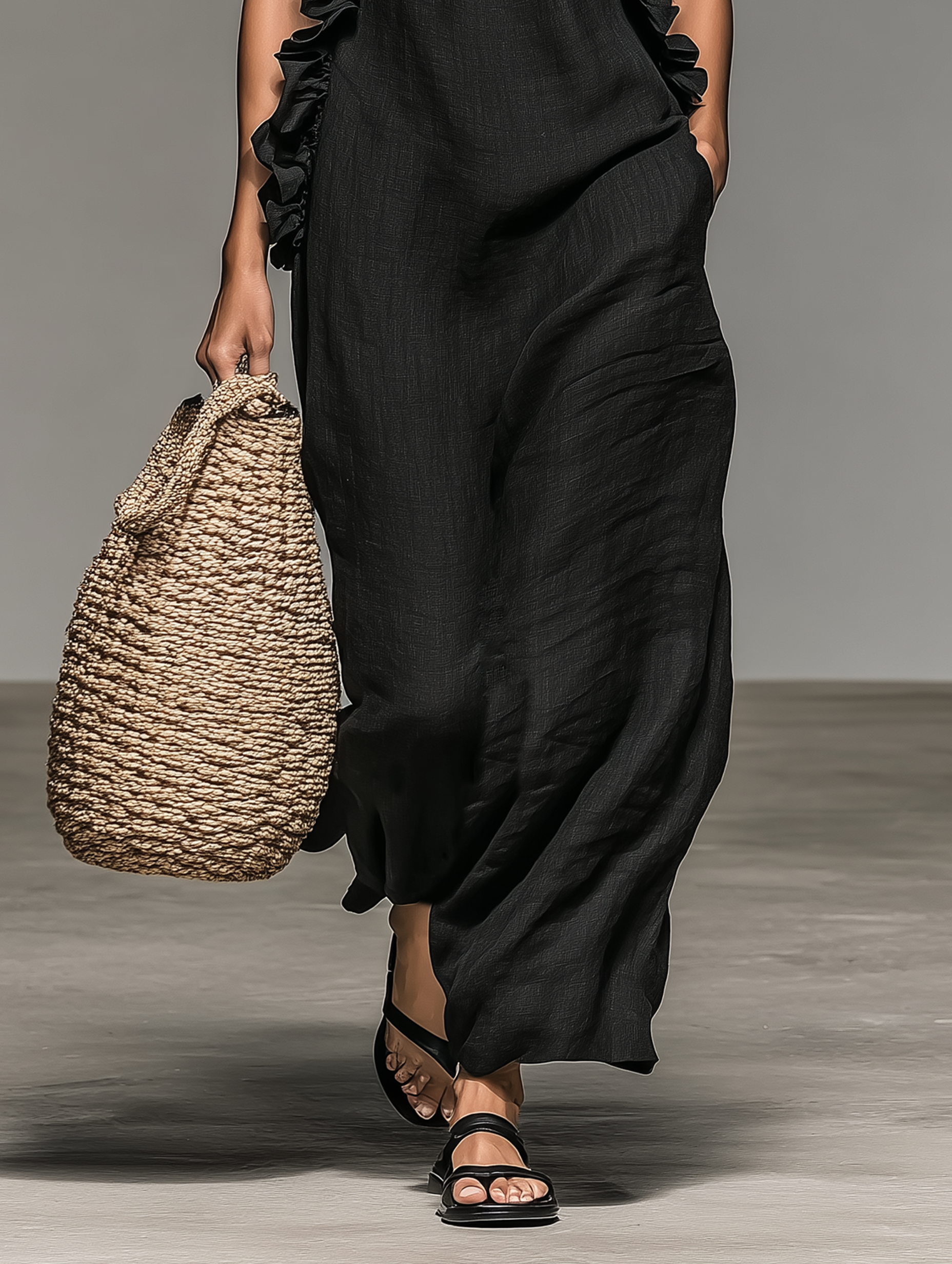Mila | Dames Lange Zomerjurk - Ademend Linnenmix met Ruches