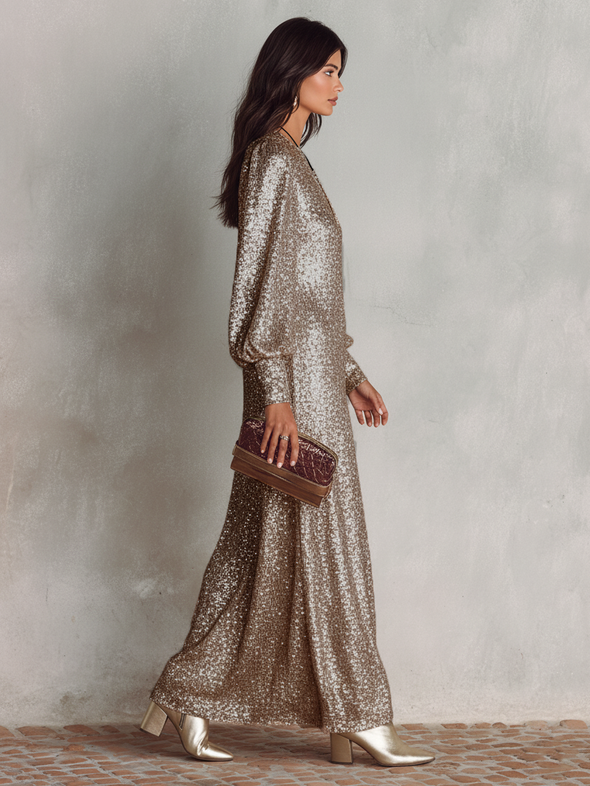 Mila | Dames Maxi Jurk - Glinsterende V-hals, Lange Mouwen