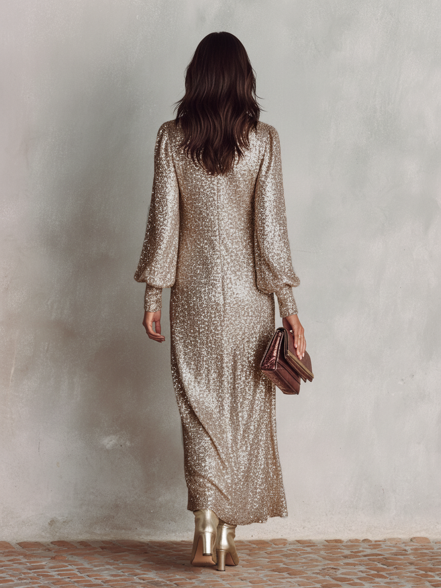 Mila | Dames Maxi Jurk - Glinsterende V-hals, Lange Mouwen