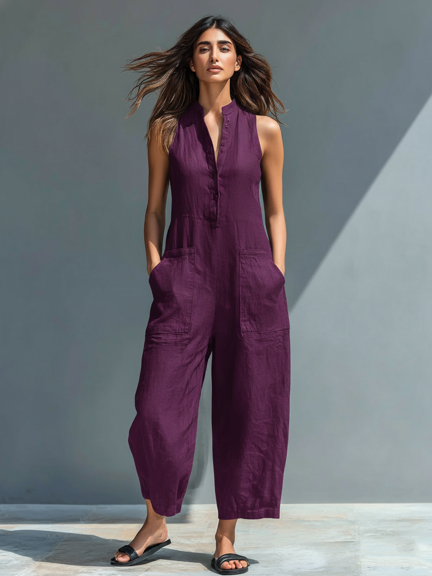 Mina | Dames Jumpsuit - Ademend Linnenmix, Mouwloos Design Paars
