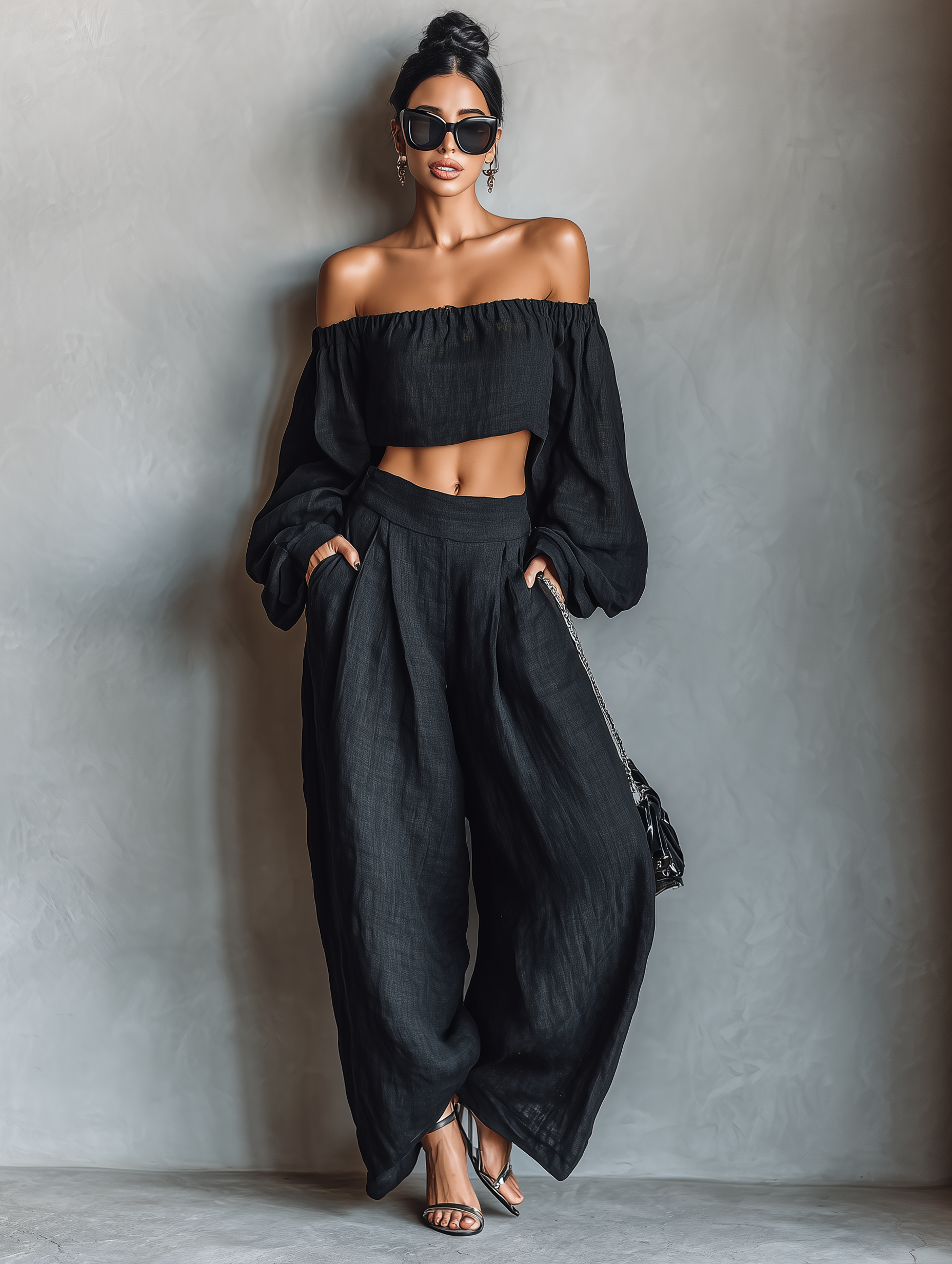 Mina | Dames Set - Linnenmix, Strapless Blouse en Wijde Broek