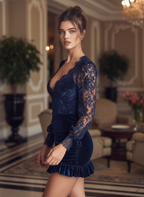Mira | Dames Jurk - Fluwelen Bodycon Mini met V-hals en Kanten Details