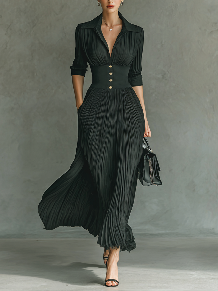Mira | Dames Lange Jurk - Geplooide Maxi met Revers en Lange Mouwen