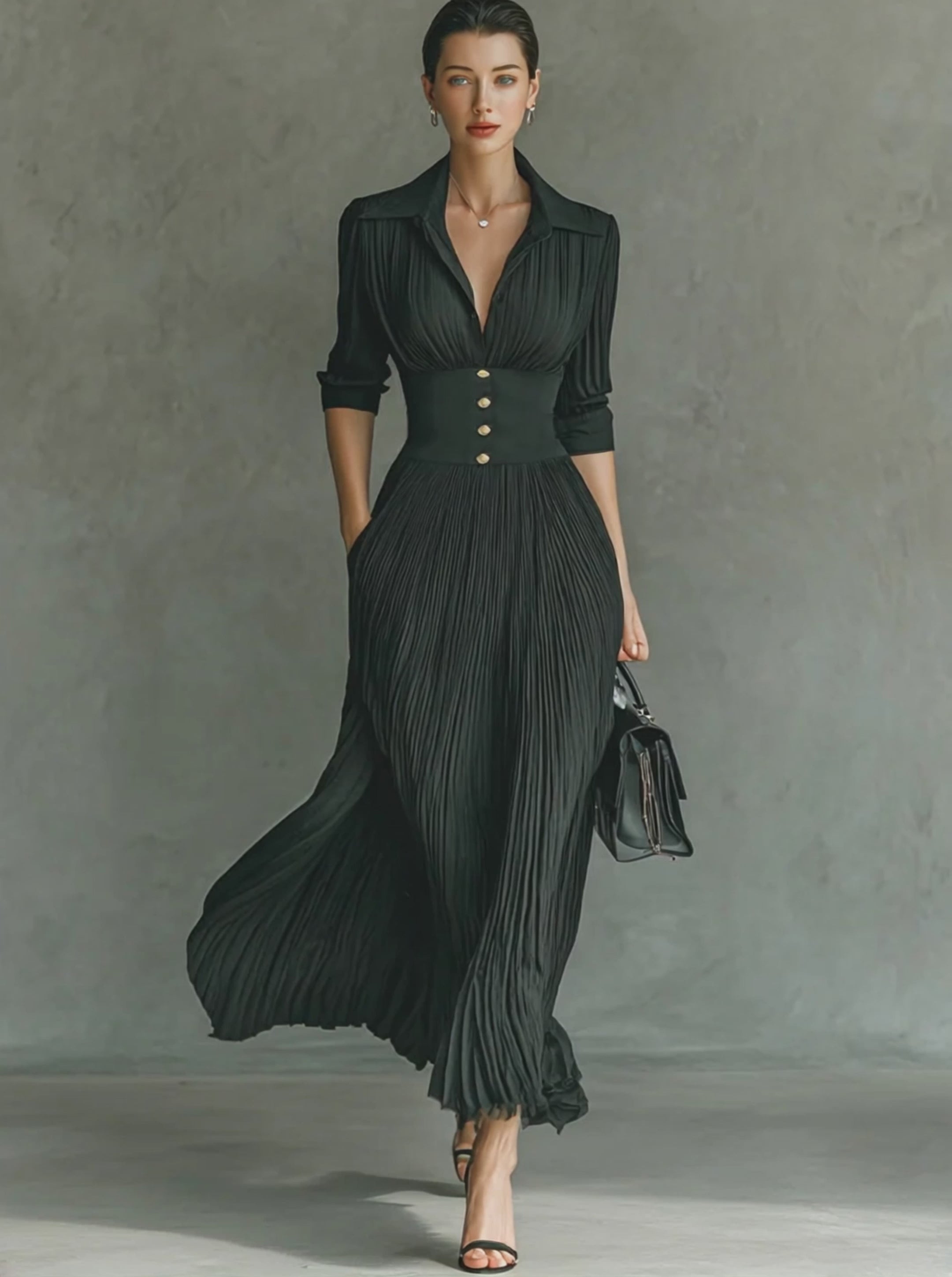 Mira | Dames Lange Jurk - Geplooide Maxi met Revers en Lange Mouwen