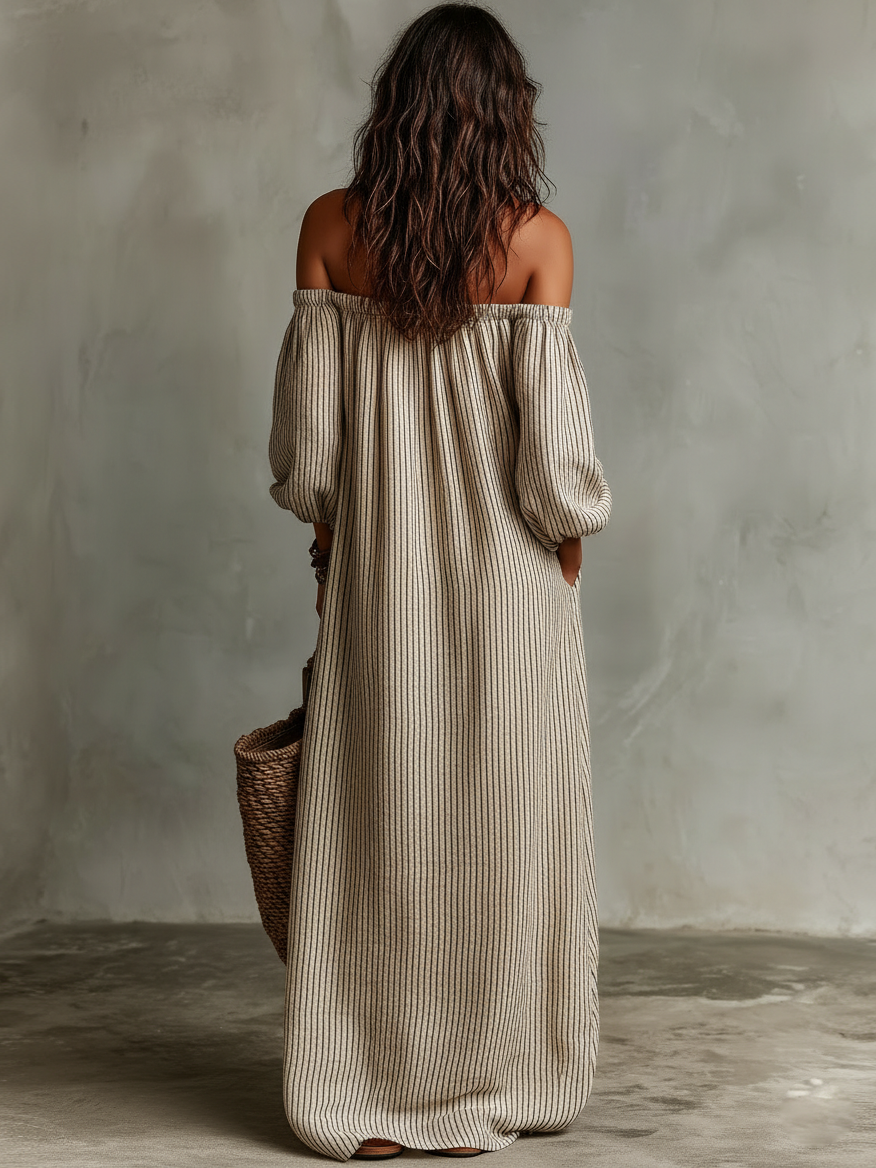 Mira | Dames Lange Jurk - Katoen-Linnenmix, Off-Shoulder Maxi Jurk
