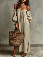 Mira | Dames Lange Jurk - Katoen-Linnenmix, Off-Shoulder Maxi Jurk