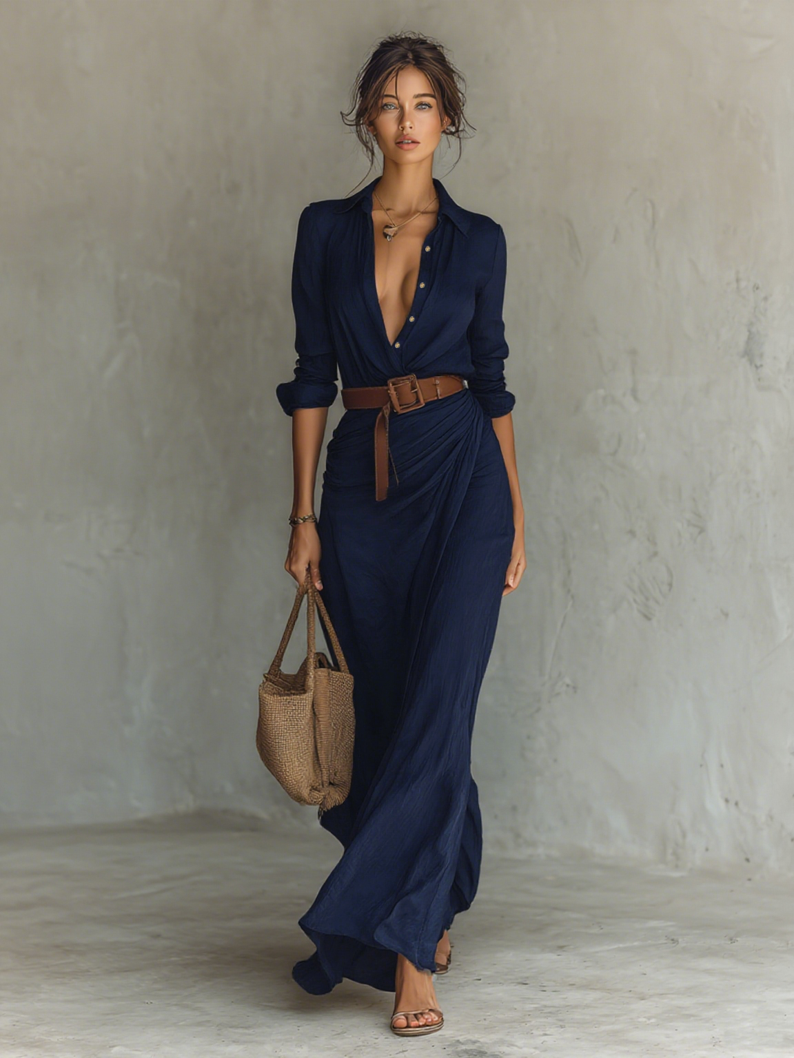 Mira | Dames Lange Jurk - Elegante Maxi Jurk met Lange Mouwen Marineblauw