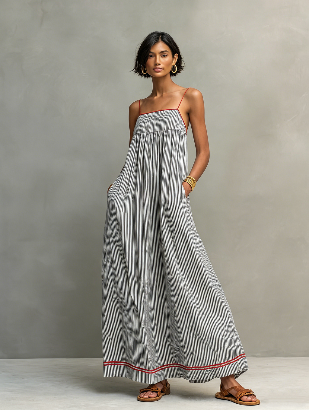 Mira | Dames Lange Maxi Jurk - Gestreept met Rode Bies, Spaghettibandjes Lichtgrijs