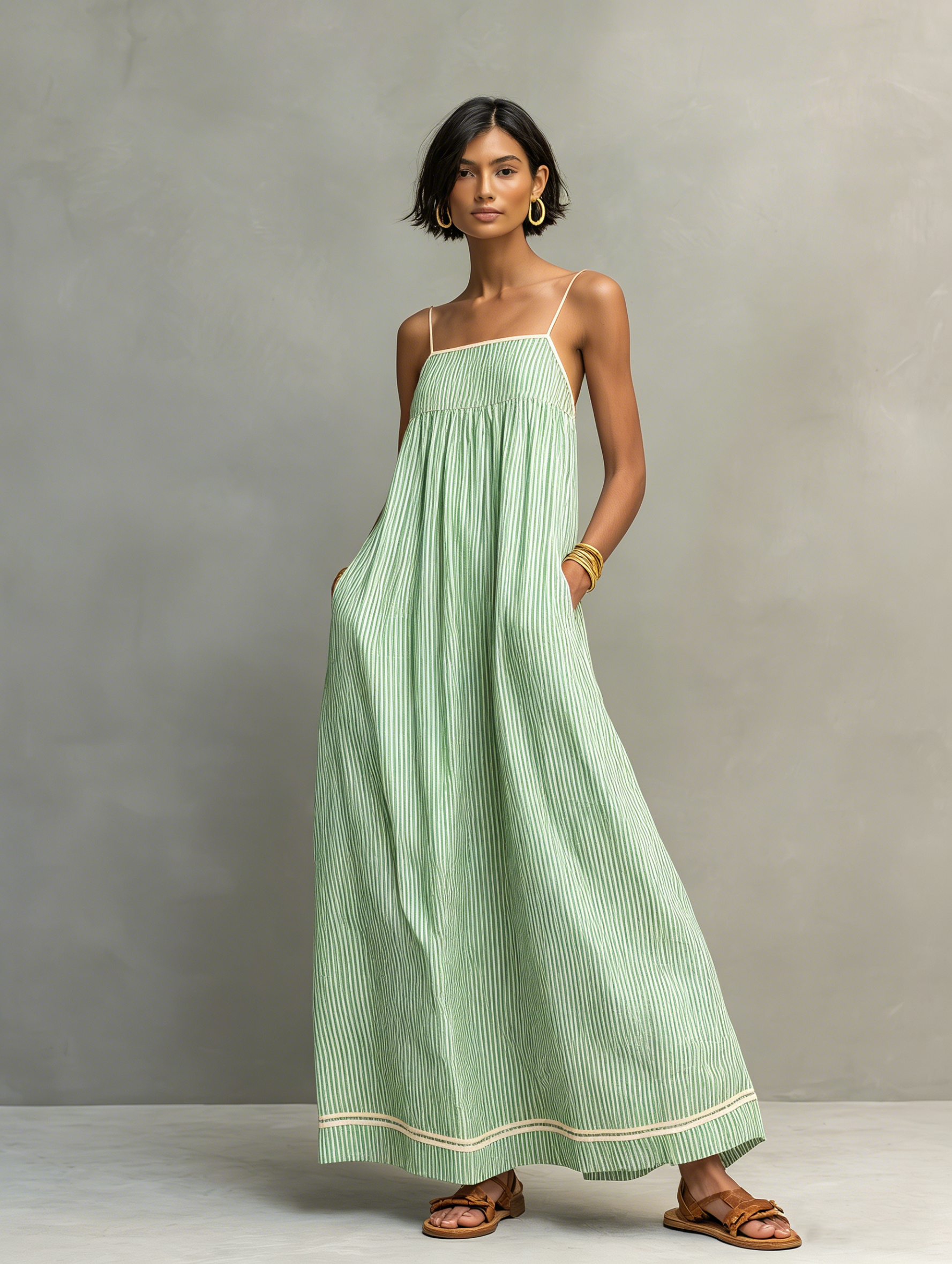 Mira | Dames Lange Maxi Jurk - Gestreept met Rode Bies, Spaghettibandjes Mintgroen