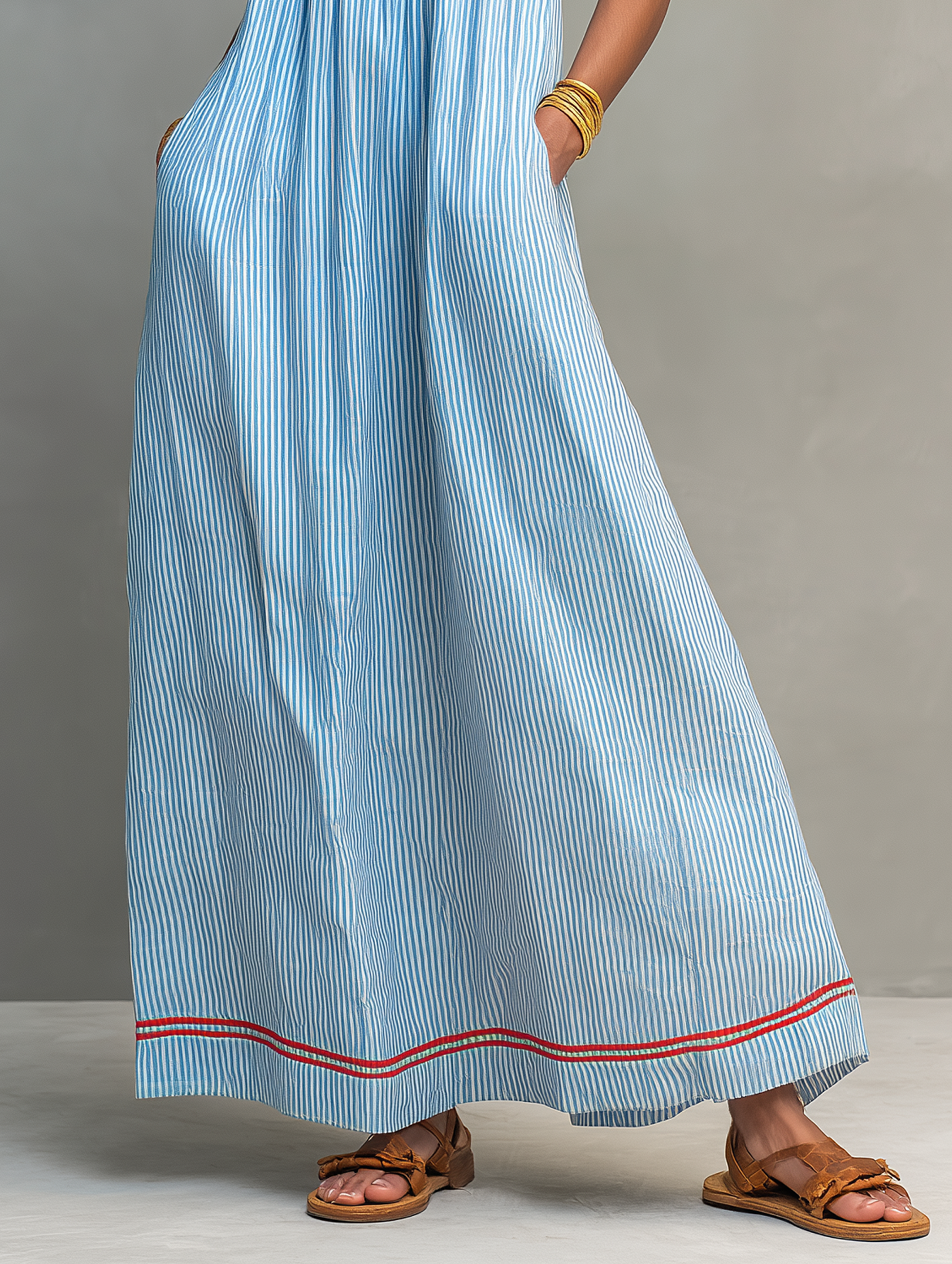 Mira | Dames Lange Maxi Jurk - Gestreept met Rode Bies, Spaghettibandjes