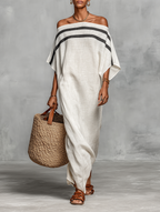 Mira | Dames Lange Maxi Jurk - Linnenmix, Off-the-Shoulder Wit