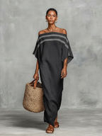 Mira | Dames Lange Maxi Jurk - Linnenmix, Off-the-Shoulder Donkergrijs