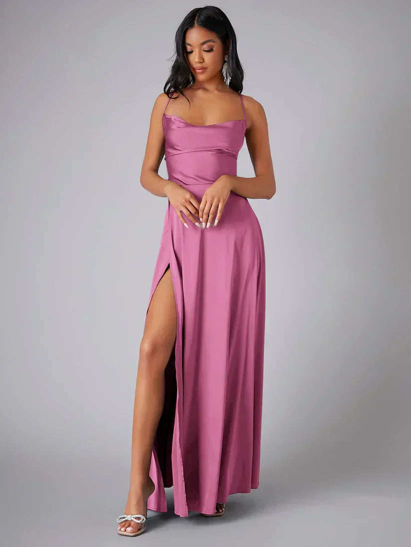 Mira | Dames Lange Maxi Jurk - Spaghettibandjes, Hoge Split Roze