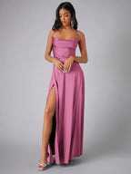 Mira | Dames Lange Maxi Jurk - Spaghettibandjes, Hoge Split Roze