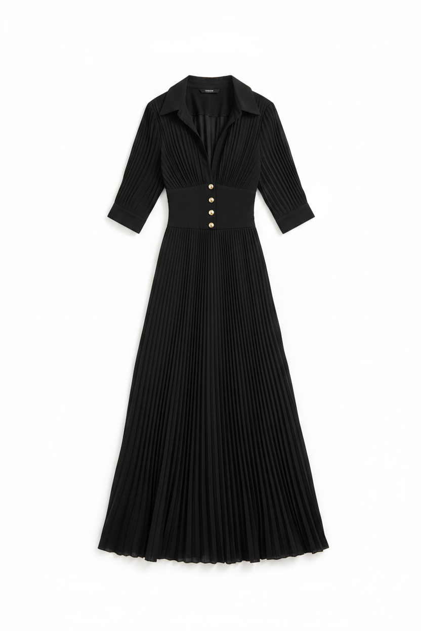 Mira | Dames Maxi-jurk - Geplooide Revers, Lange Mouwen